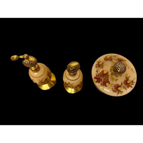 Vintage Satin Glass Vanity Set with Hand Painted Floral Design and Gold Trim - Picture 7 of 8